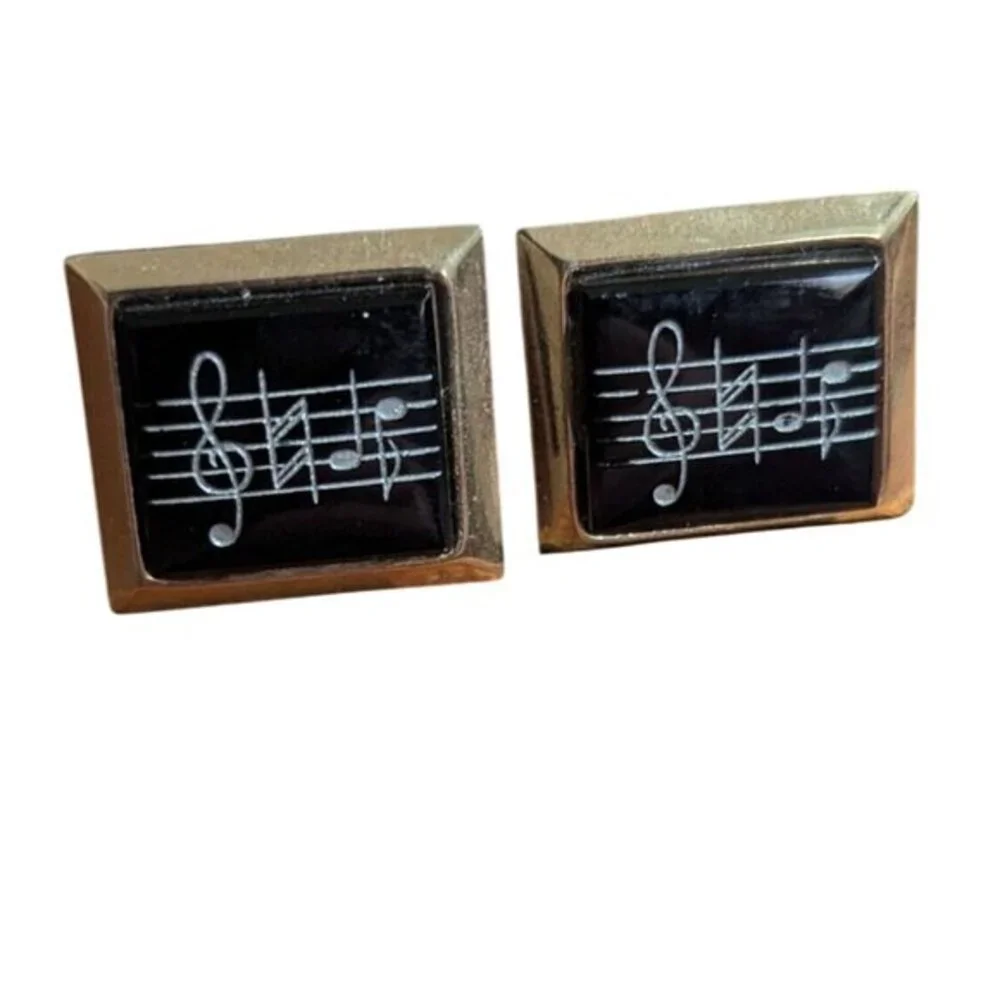Vintage Gold-Tone Cufflinks Musical‎ Staff Treble Clef Black Rectangular Toggle